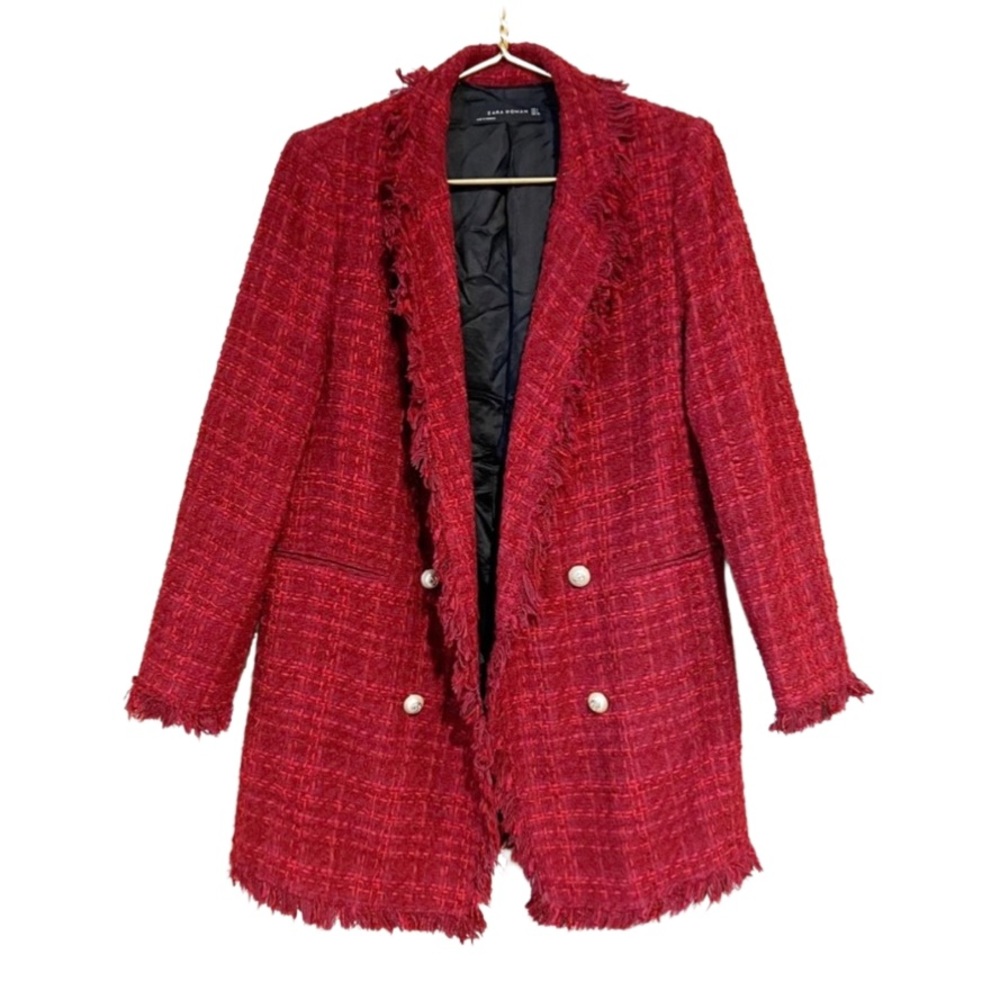 ZARA BLOGGER RED TWEED PEARL LONG BLAZER